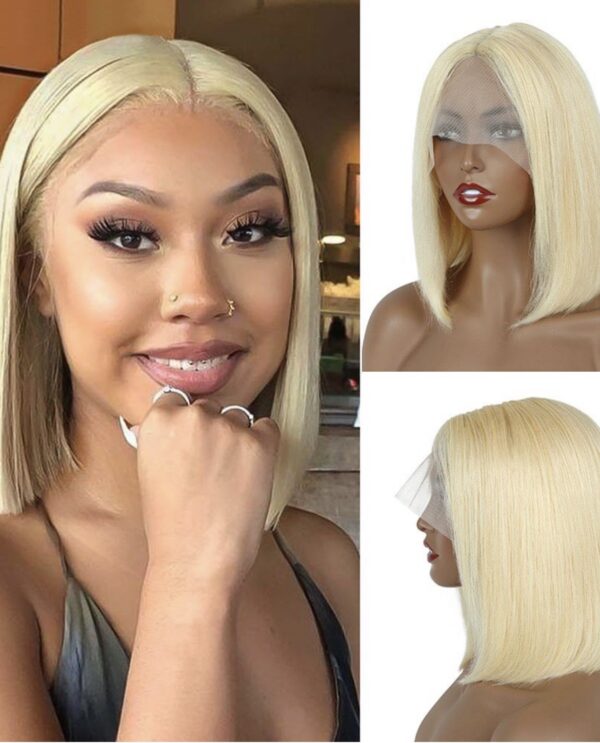 Raw human hair 13*4 lace frontal wig 613 blonde bob wig - Image 3